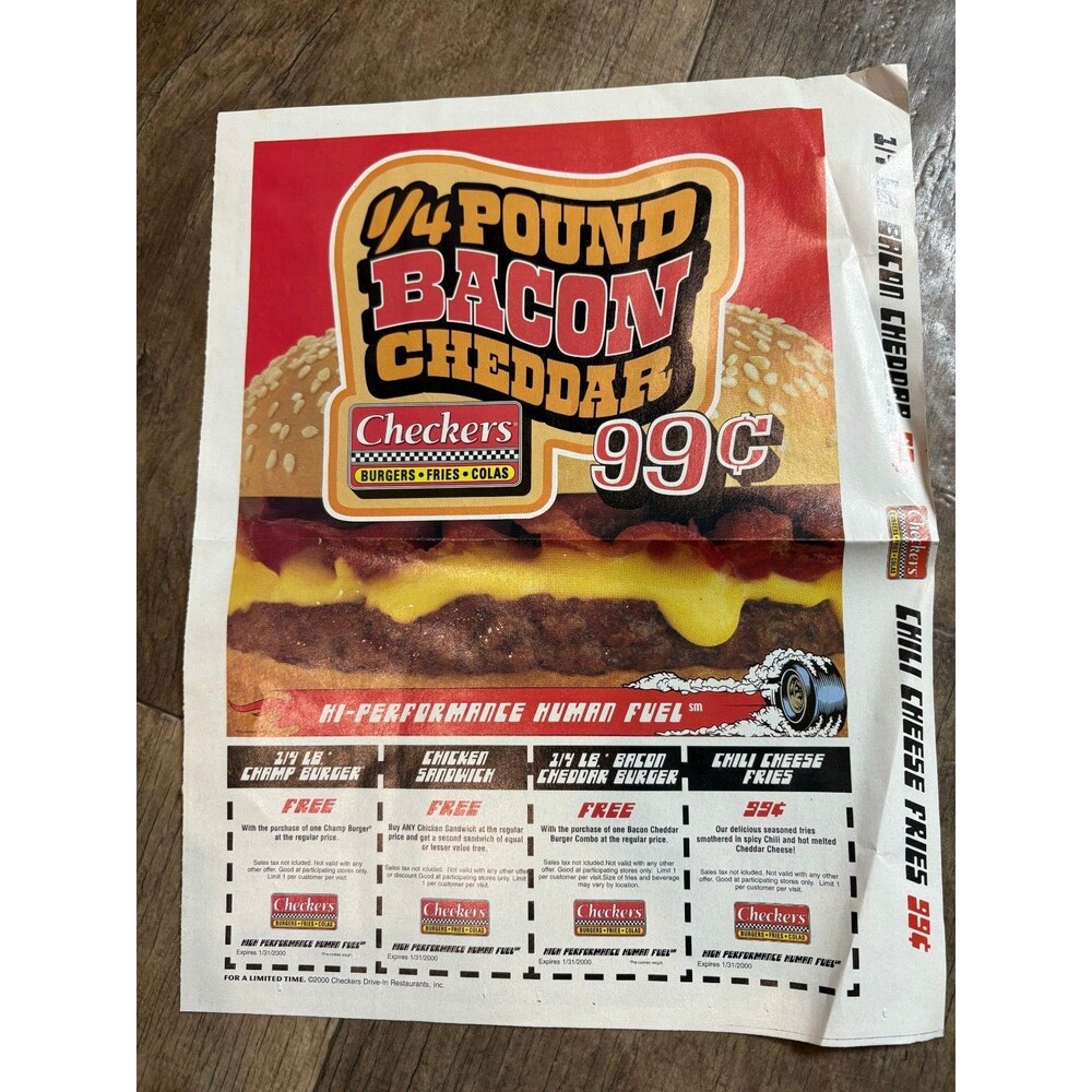 Checkers Fast Food Reasturaunt Vintage Print Ad 2000 y2K Lipton Tea Back Promo